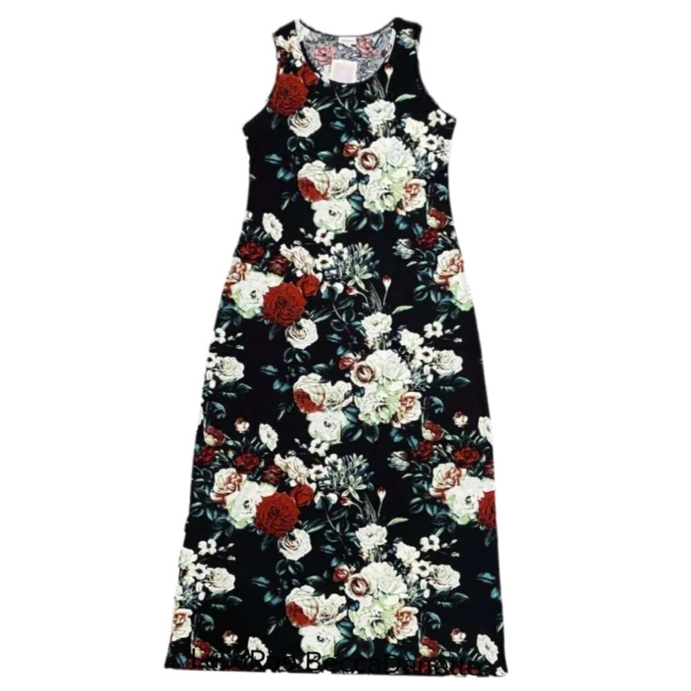 NWT LuLaRoe Dani Dress XL Floral Red Black Rose Sleeveless Tank Beach Pool Maxi